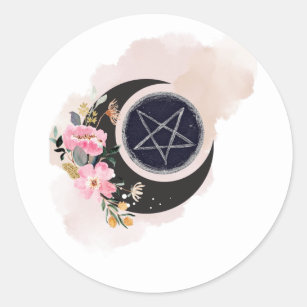 Floral Moon Pentacle With Pink Flowers Classic Round Sticker