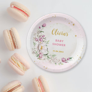 Floral Moon Pink Baby Shower Paper Plate