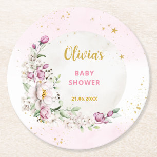 Floral Moon Pink Baby Shower Round Paper Coaster
