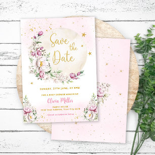 Floral Moon Pink Baby Shower Save the date card