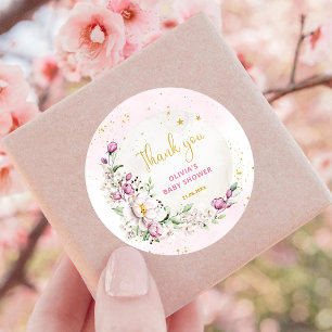 Floral Moon Pink Baby Shower Thank you Classic Round Sticker
