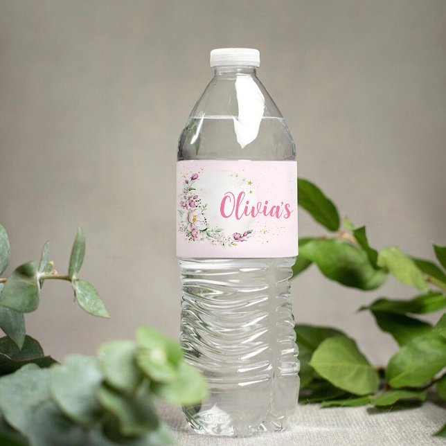 Floral Moon Pink Baby Shower Water Bottle Label (Creator Uploaded)