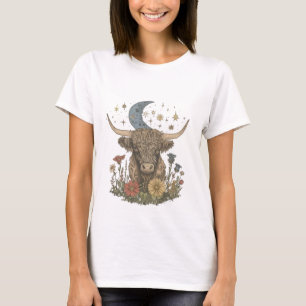 Floral Moon Vintage Cottage Highland Cow T-Shirt