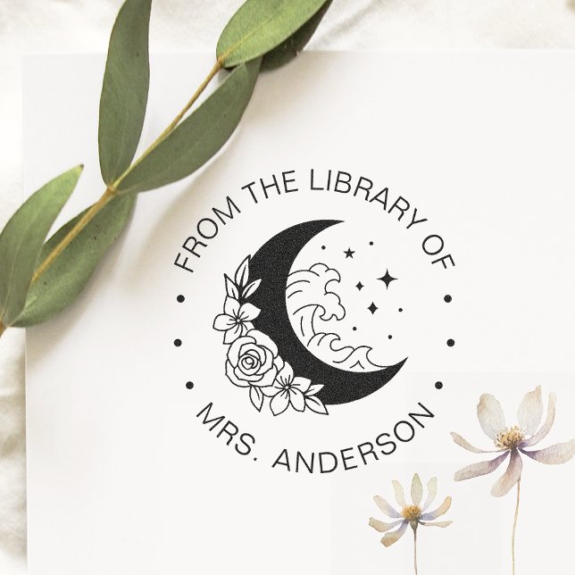 Floral Moon Waves Book Library Teacher Self-inking Stamp (Creator Uploaded)