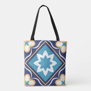 Floral Moroccan Mosaic Tile Elegant & Chic Blue Tote Bag