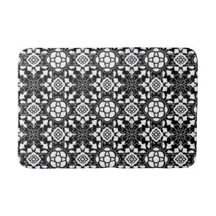Floral Moroccan Tile, Black and White Bath Mat