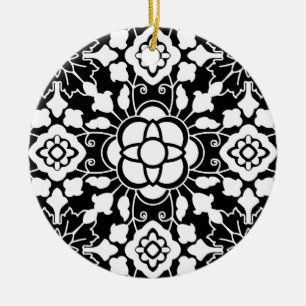 Floral Moroccan Tile, Black and White Ceramic Orna Tree Decoration