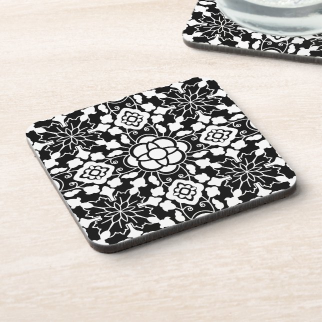 Floral Moroccan Tile, Black and White Coaster (Left Side)
