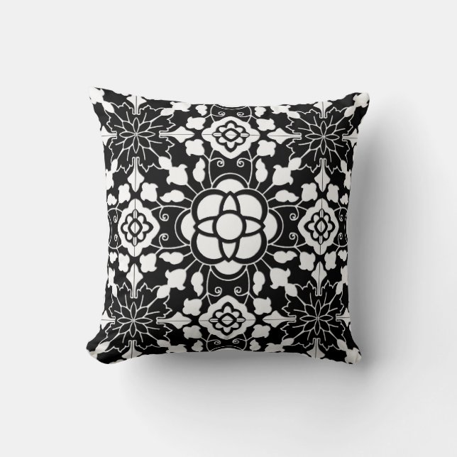 Floral Moroccan Tile, Black and White Cushion (Front)