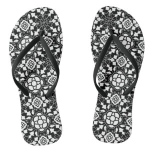 Floral Moroccan Tile, Black  and White Flip Flops