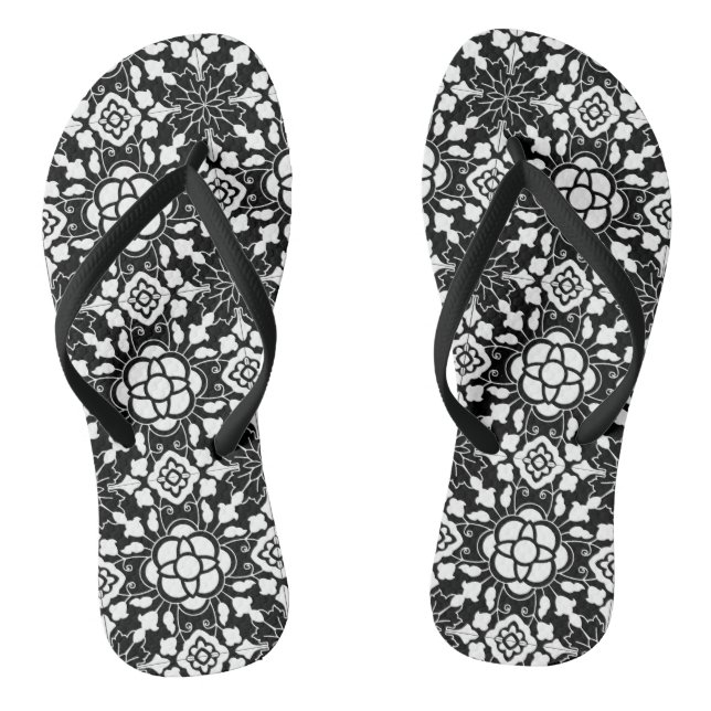 Floral Moroccan Tile, Black  and White Flip Flops (Footbed)