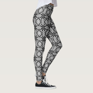 Floral Moroccan Tile, Black and White Leggings