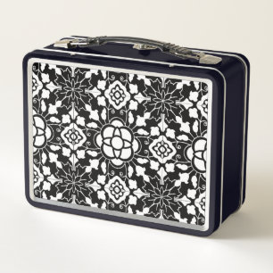 Floral Moroccan Tile, Black and White Metal Lunch Box