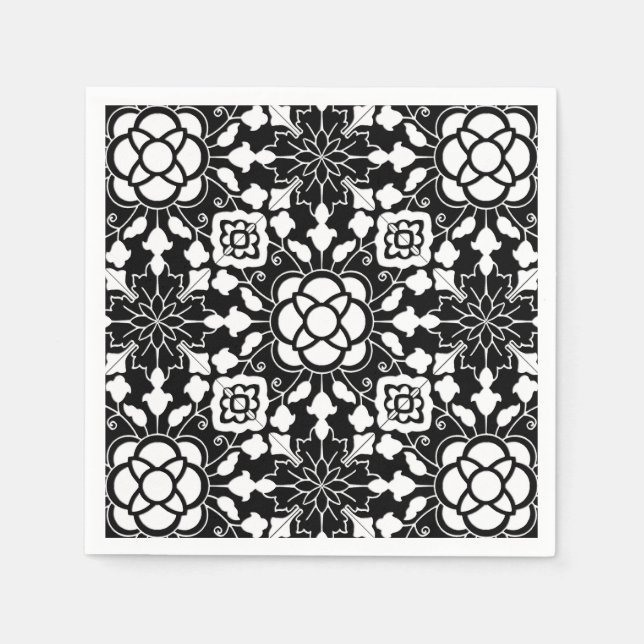 Floral Moroccan Tile, Black and White Napkin (Front)