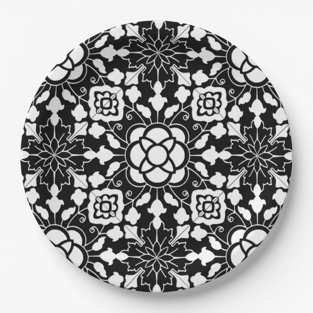 Floral Moroccan Tile, Black and White Paper Plate (Front)