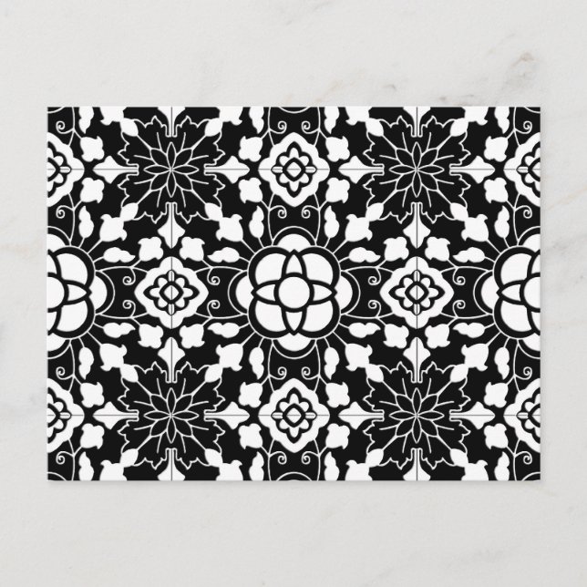 Floral Moroccan Tile, Black and White Postcard (Front)
