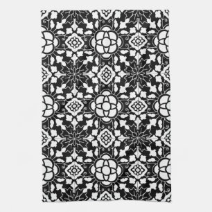 Floral Moroccan Tile, Black and White Tea Towel