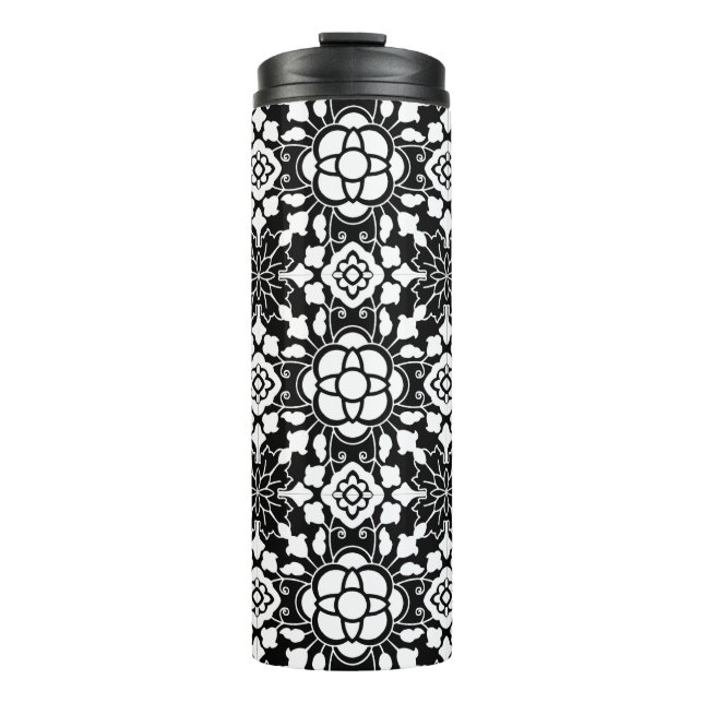 Floral Moroccan Tile, Black and White Thermal Tumbler (Front)