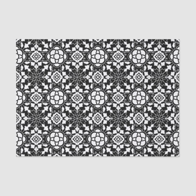Floral Moroccan Tile, Black and White Tissue Paper (Front)