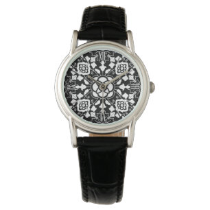 Floral Moroccan Tile, Black and White Watch