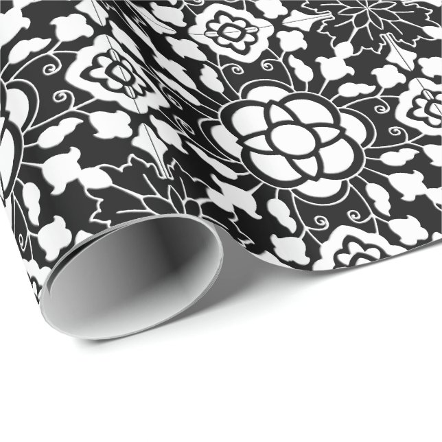 Floral Moroccan Tile, Black and White Wrapping Paper (Roll Corner)