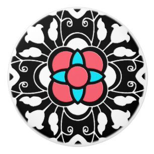 Floral Moroccan Tile, Black, White and Coral Pink Ceramic Knob