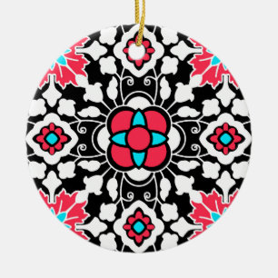Floral Moroccan Tile, Black, White and Coral Pink Ceramic Tree Decoration