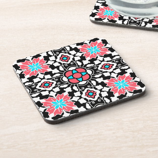Floral Moroccan Tile, Black, White and Coral Pink Coaster (Left Side)