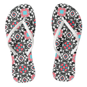 Floral Moroccan Tile, Black, White and Coral Pink Flip Flops