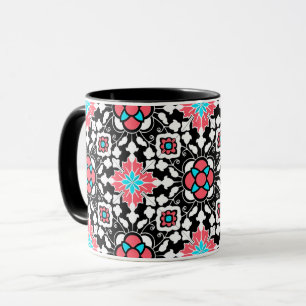 Floral Moroccan Tile, Black, White and Coral Pink  Mug