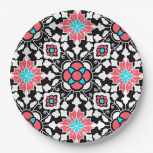 Floral Moroccan Tile, Black, White and Coral Pink Paper Plate