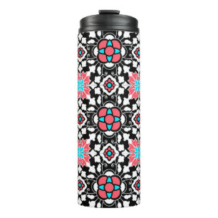Floral Moroccan Tile, Black, White and Coral Pink Thermal Tumbler