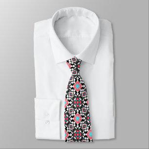 Floral Moroccan Tile, Black, White and Coral Pink Tie