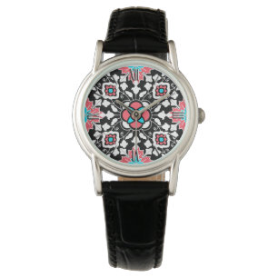 Floral Moroccan Tile, Black, White and Coral Pink Watch