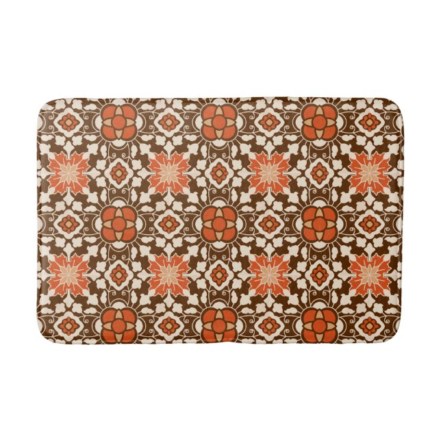 Floral Moroccan Tile, Brown, Rust and Beige  Bath Mat (Front)