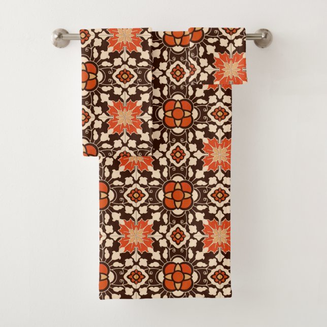 Floral Moroccan Tile, Brown, Rust and Beige Bath Towel Set (Insitu)