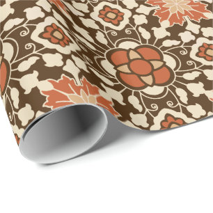 Floral Moroccan Tile, Brown, Rust and Beige Wrapping Paper