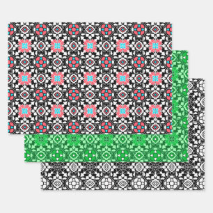 Floral Moroccan Tile, Coral Pink, Green, Black Wrapping Paper Sheet