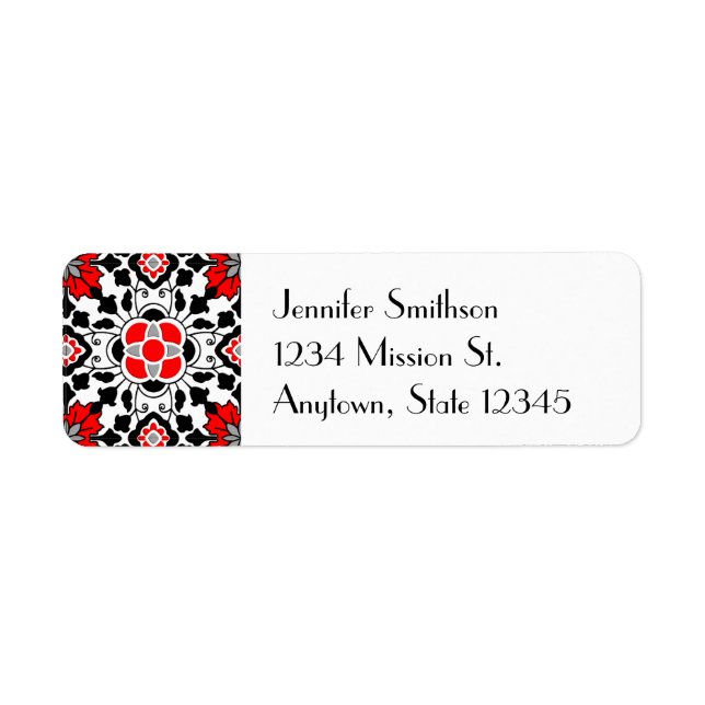 Floral Moroccan Tile, Deep Red, Black  and White (Front)
