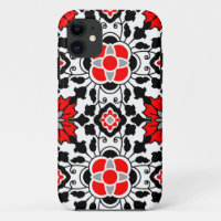 Floral Moroccan Tile, Deep Red, Black  and White