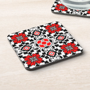 Floral Moroccan Tile, Deep Red, Black  and White Coaster