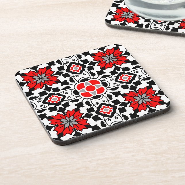 Floral Moroccan Tile, Deep Red, Black  and White Coaster (Left Side)
