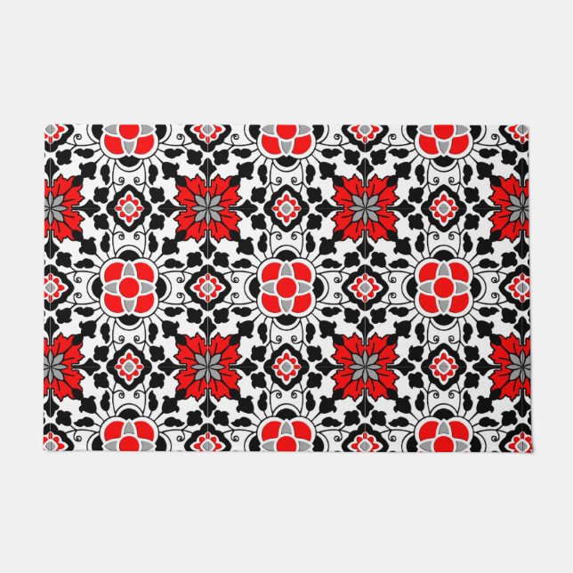 Floral Moroccan Tile, Deep Red, Black  and White Doormat (Front)