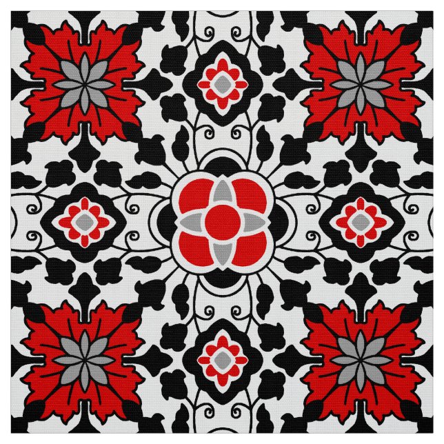 Floral Moroccan Tile, Deep Red, Black  and White Fabric (Swatch)