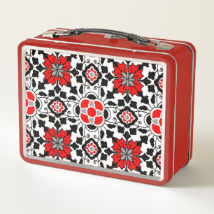 Floral Moroccan Tile, Deep Red, Black  and White Metal Lunch Box