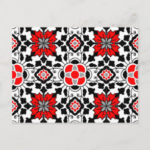 Floral Moroccan Tile, Deep Red, Black  and White Postcard