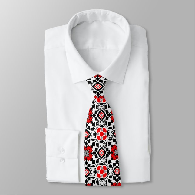 Floral Moroccan Tile, Deep Red, Black  and White Tie (Tied)
