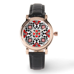 Floral Moroccan Tile, Deep Red, Black  and White Watch