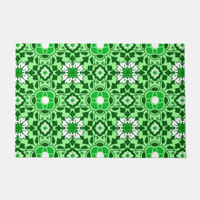 Floral Moroccan Tile, Emerald and Lime Green Doormat (Front)