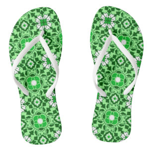 Floral Moroccan Tile, Emerald and Lime Green Flip Flops